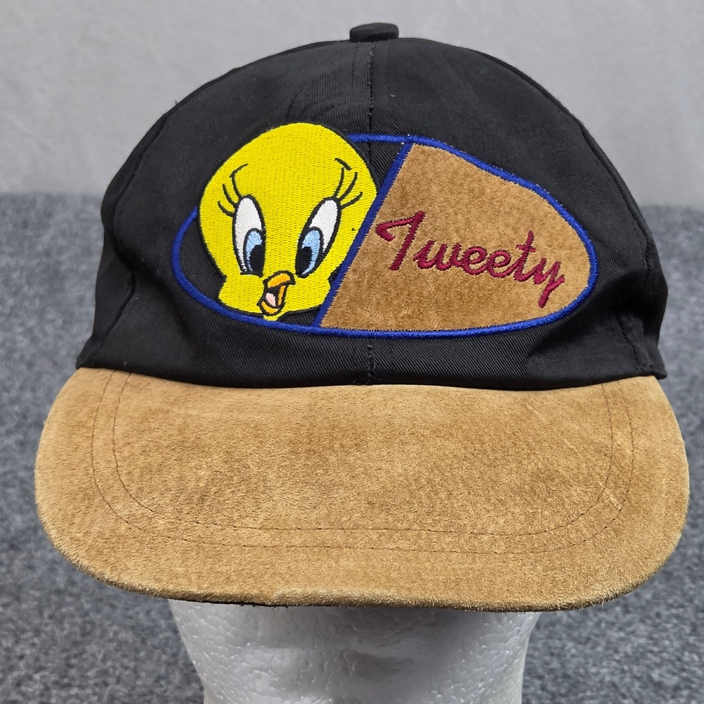 Vintage Looney Tunes Tweety Bird Hat Black Suede Leather Brim Style Cap 90s Y2K